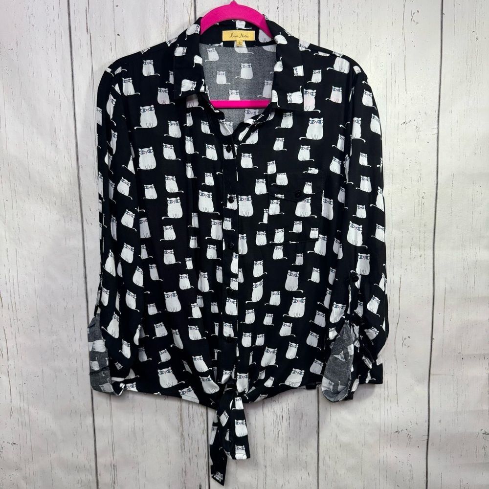 Love Notes Womens Cat Print Novelty Tab Sleeve Button Down Front Tie Shirt